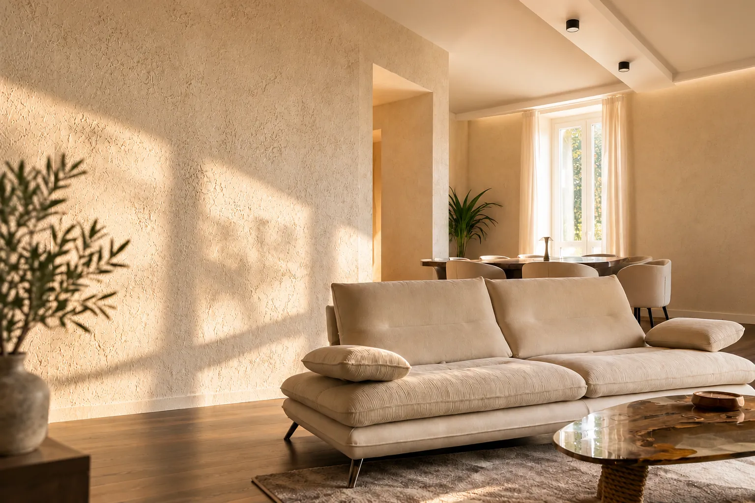 Immagine concettuale: soggiorno contemporaneo con pareti minerali, luce naturale laterale e divano chiaro