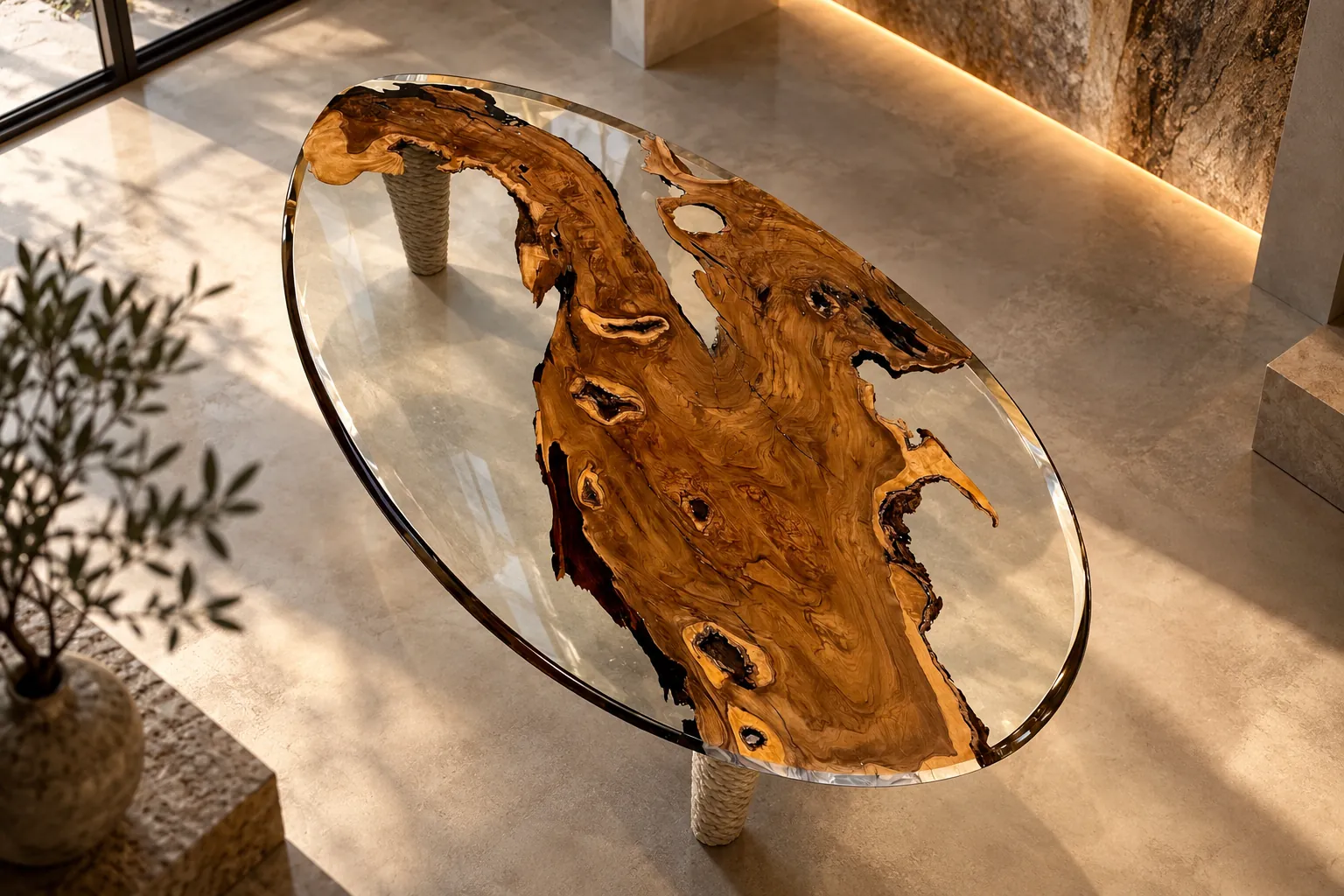 Ambientazione editoriale del tavolo DRAKO, ovale in legno d’ulivo e resina trasparente, in una stanza illuminata dal sole